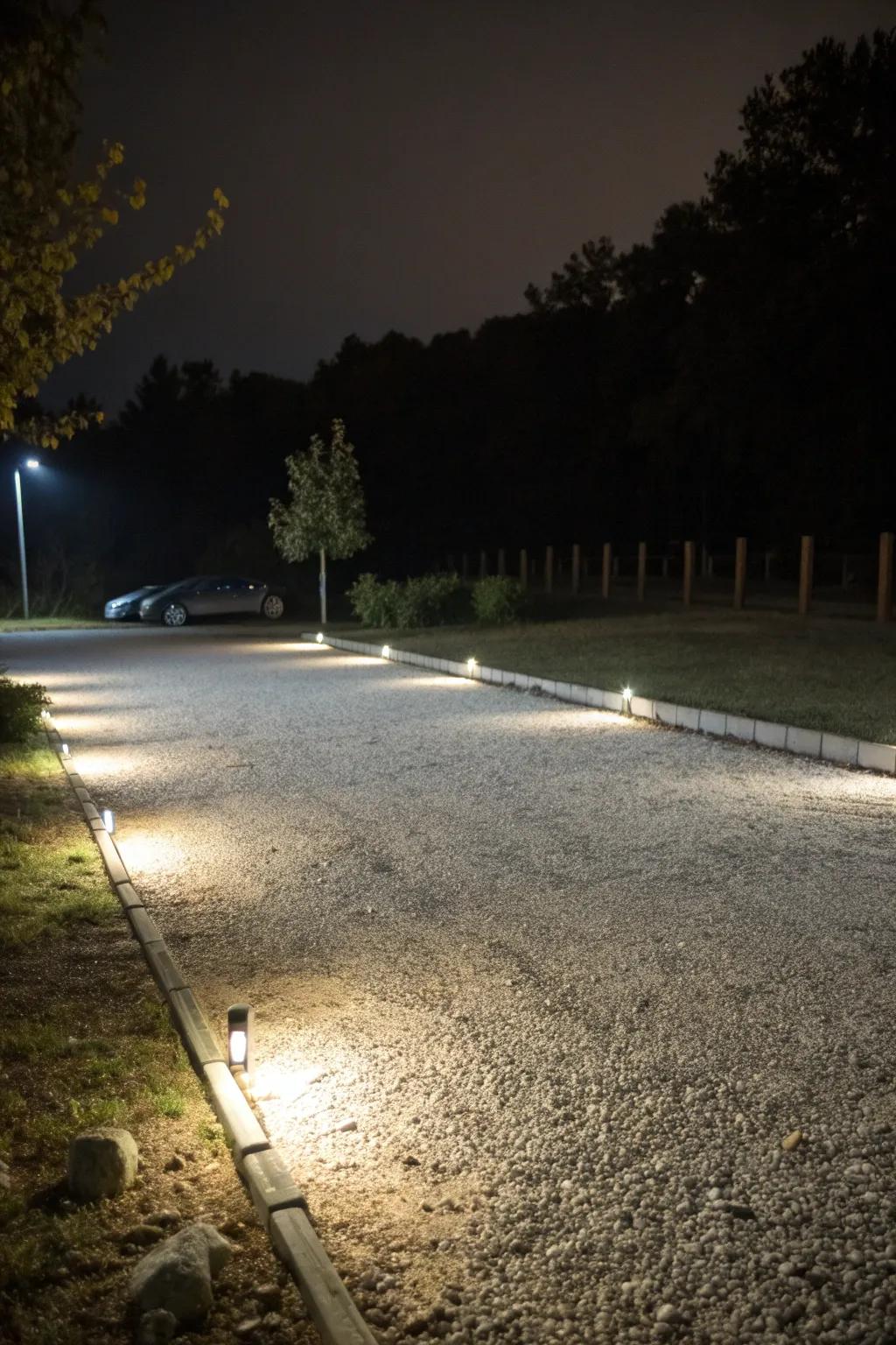 Lighting adds safety and highlights the beauty of gravel lots at night.