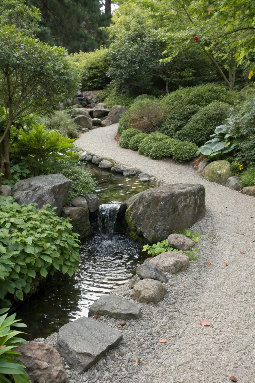 Gravel landscape enhanced by a tranquil water feature.