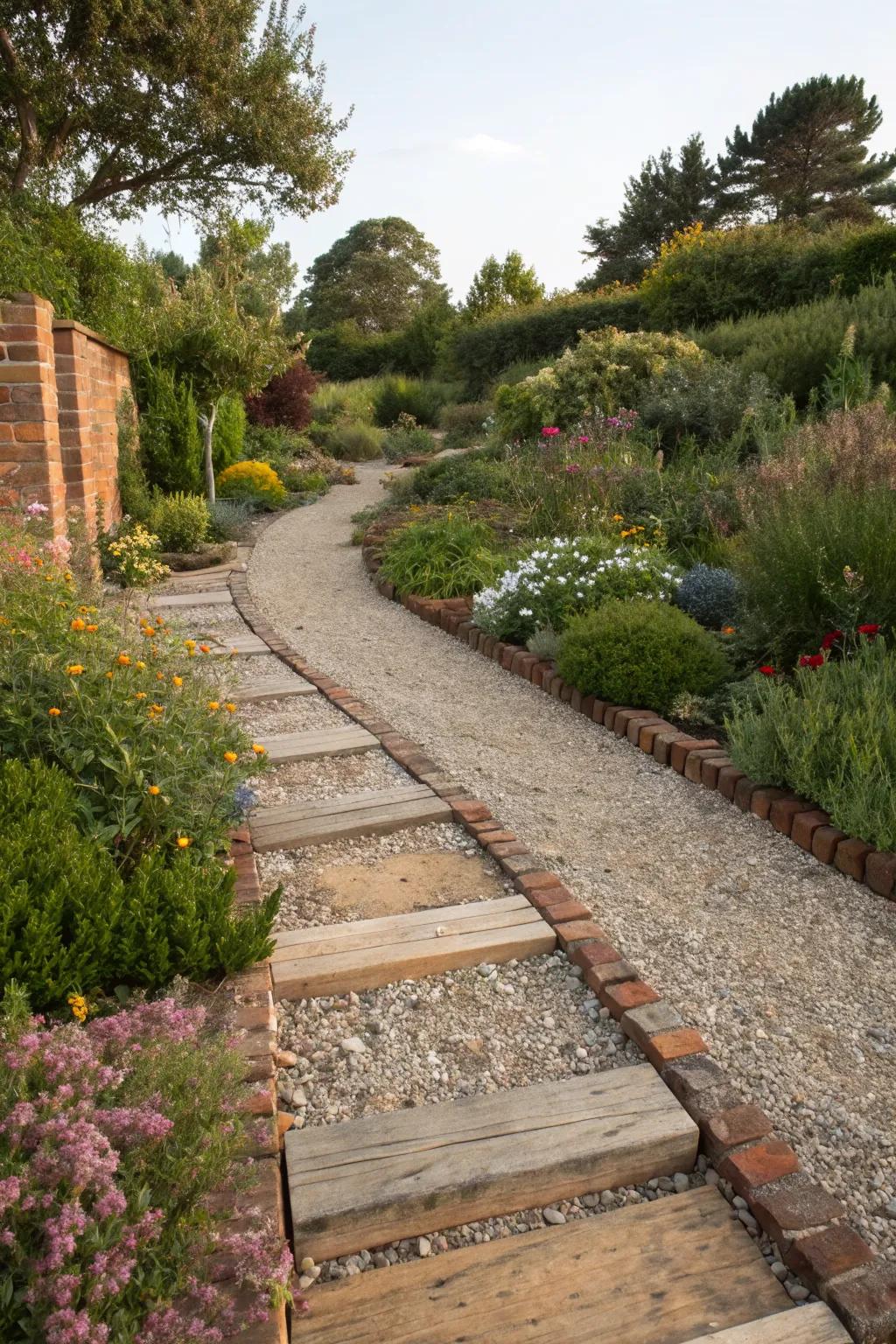 A creative blend of materials in a gravel pathway design