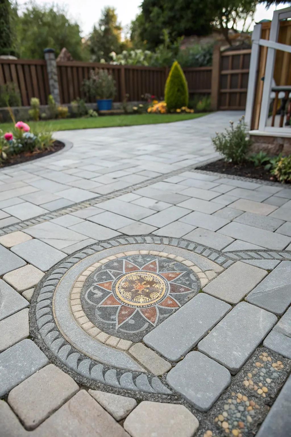 A central mosaic pattern turns a gray paver patio into an artistic masterpiece.