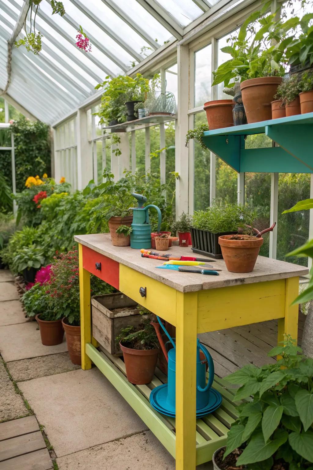A colorful potting table adds a playful touch to your greenhouse.
