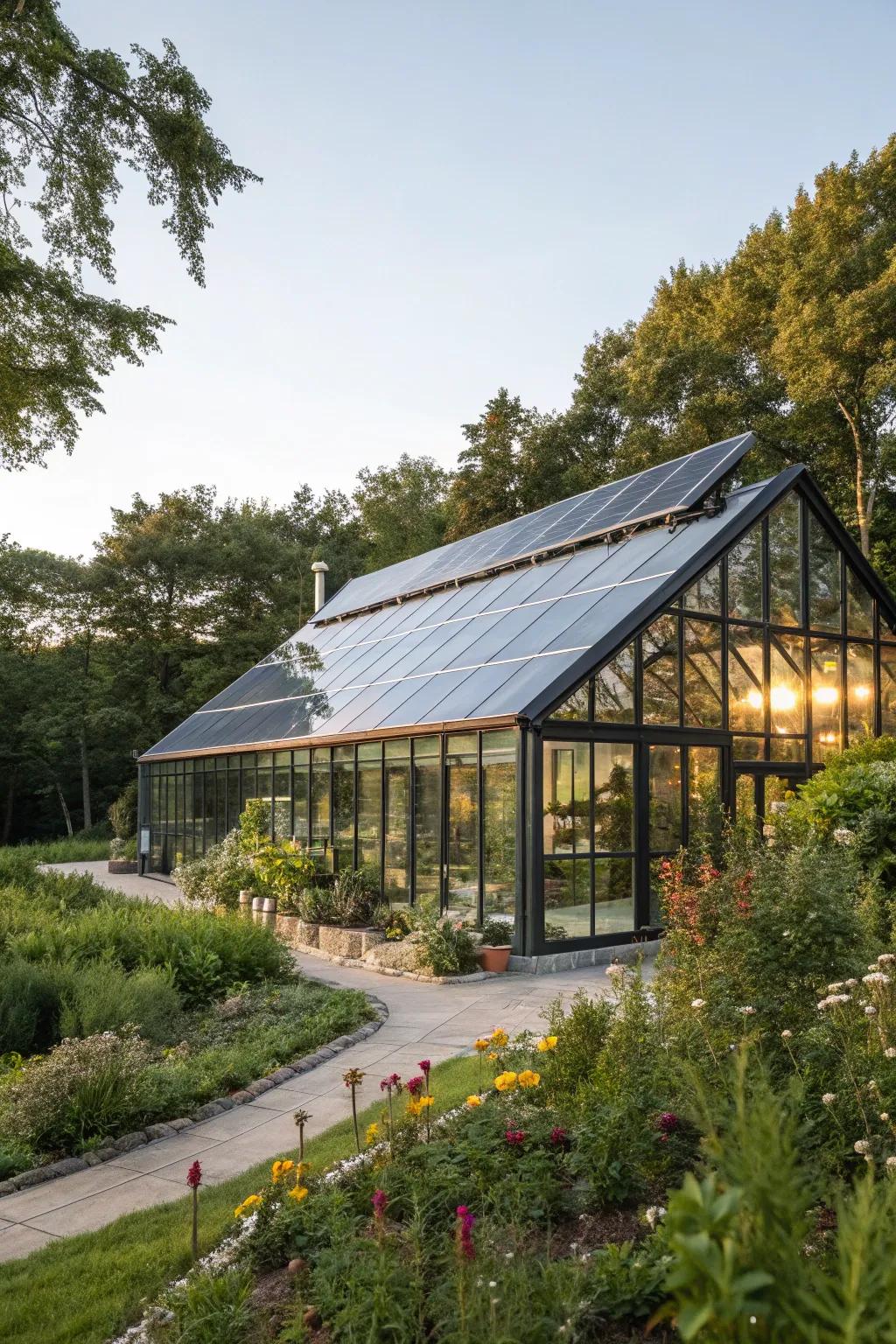 Eco-friendly solar-powered greenhouse surrounded by nature.