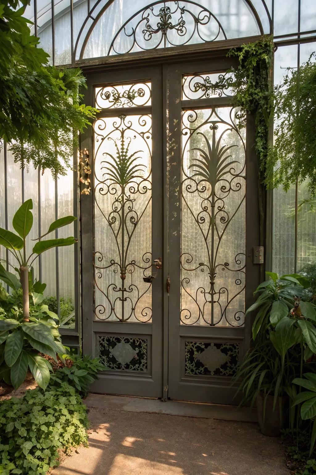 Enhance your greenhouse with decorative ironwork doors.