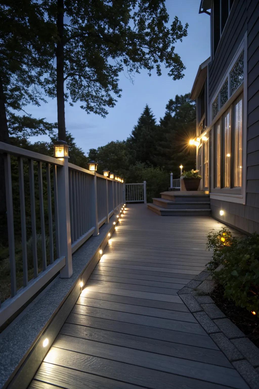 LED-lit grey deck, creating a magical ambiance for nighttime enjoyment.