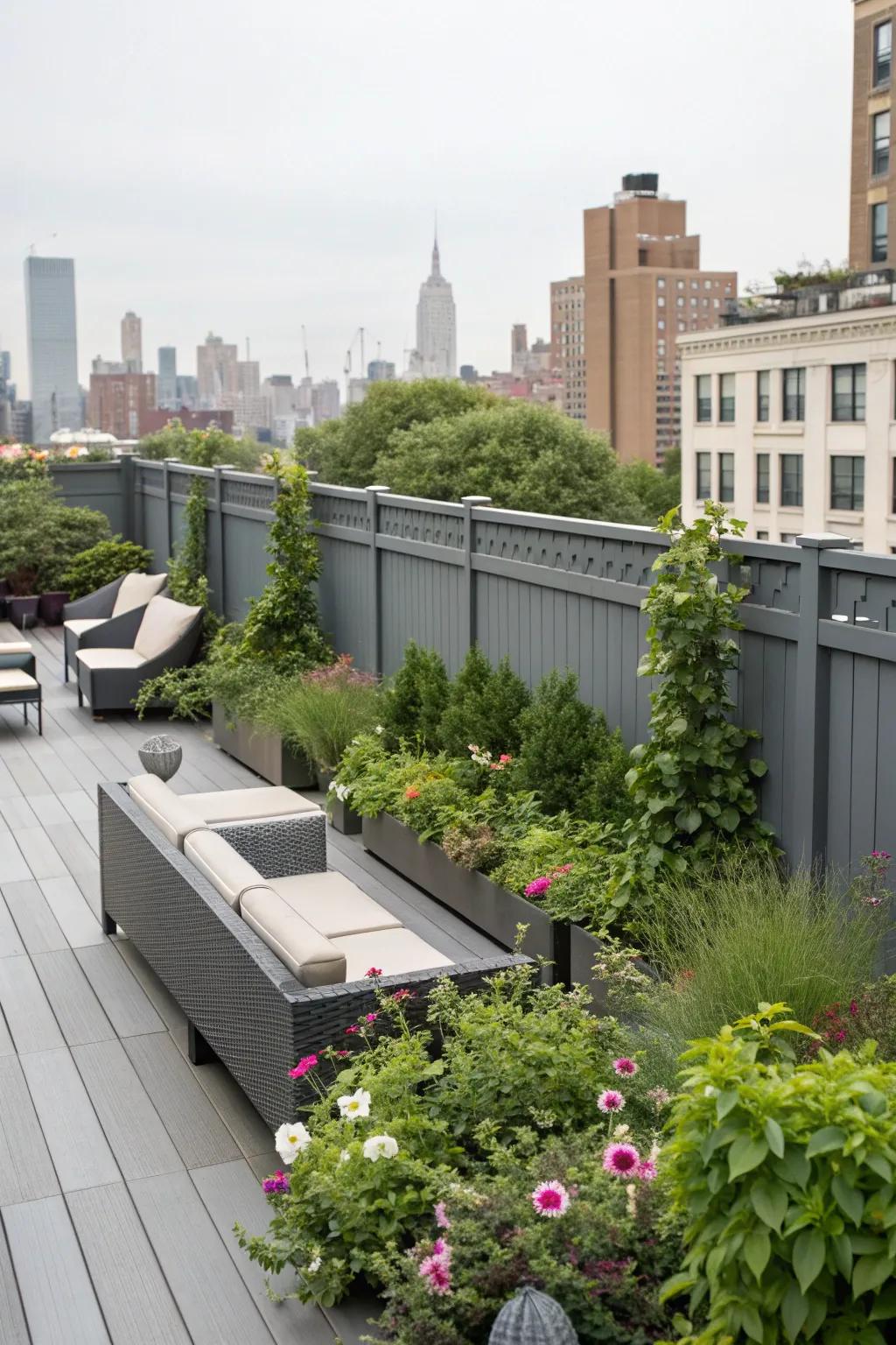Create a rooftop retreat with stylish grey fencing.
