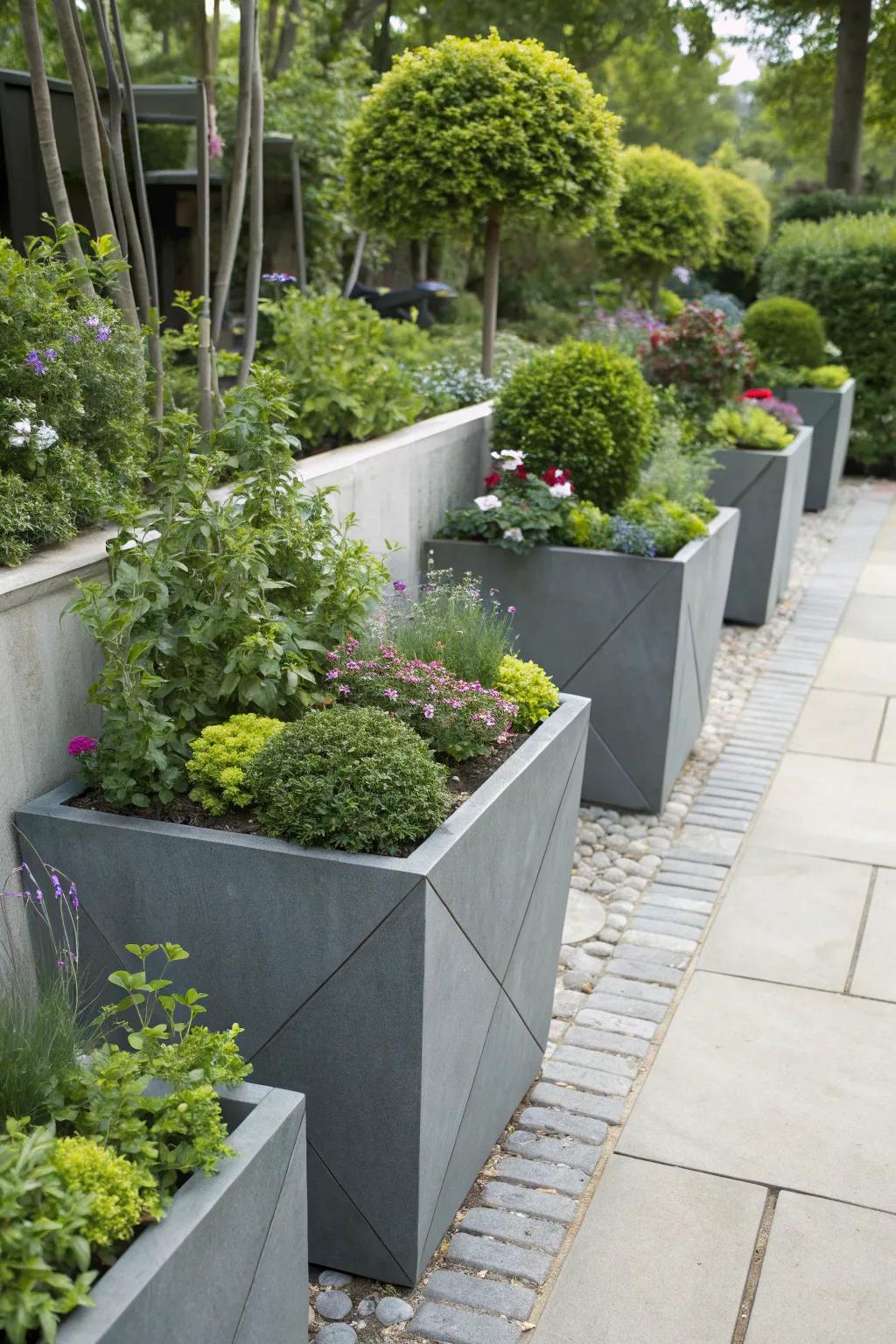 A collection of geometric grey planters filled with lush greenery.