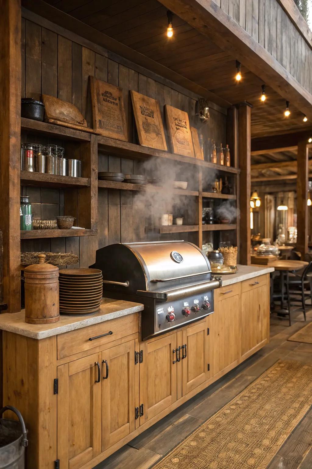 A rustic grill station featuring charming wood elements.