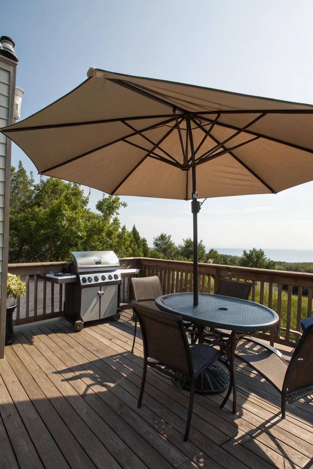 A versatile tilting umbrella shading the grill.