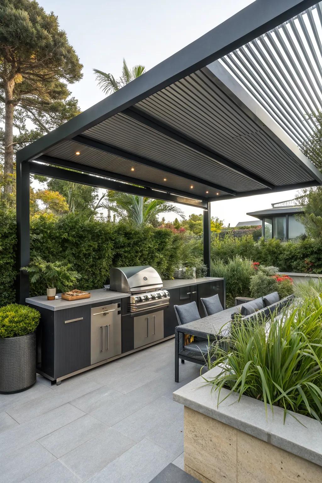 A louvered roof system provides adjustable protection and style.