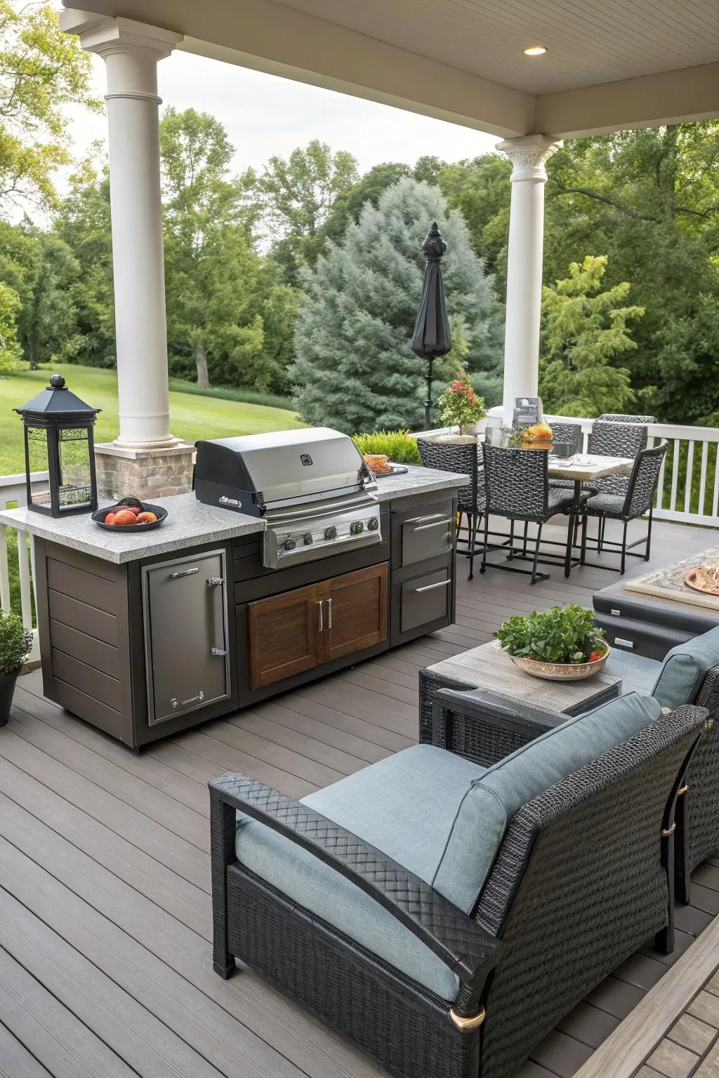 Functional furniture adding convenience to the grilling deck.