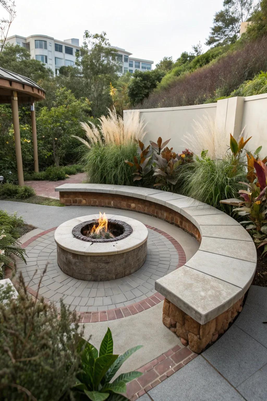 Circular fire pit with bench seating invites conversation.