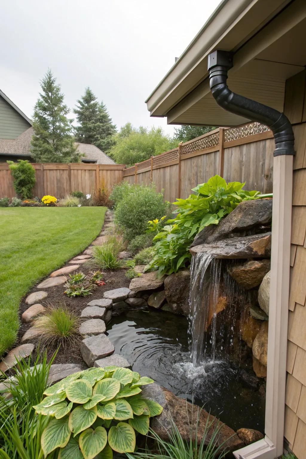 Gutter waterfalls: Transforming practical elements into artistic features.