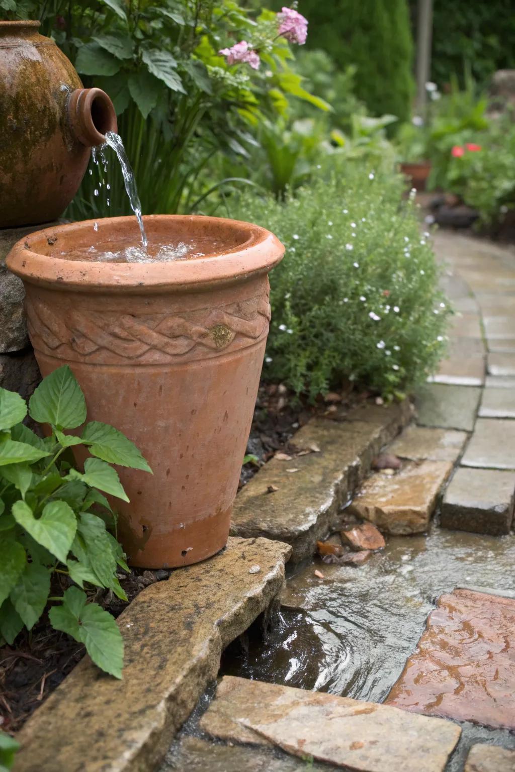 Terracotta pots bring earthy tones to splash blocks.