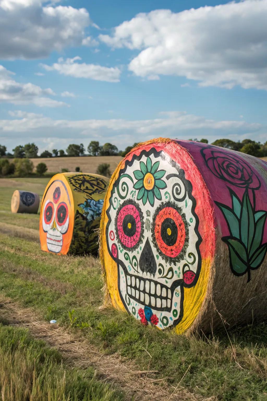 Celebrate the Day of the Dead with colorful sugar skull hay bales.