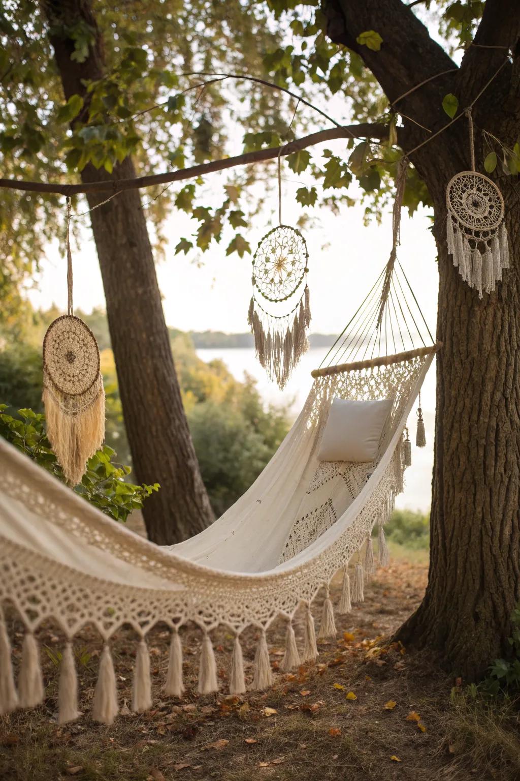 Macrame and dreamcatchers add a bohemian touch to your hammock area.