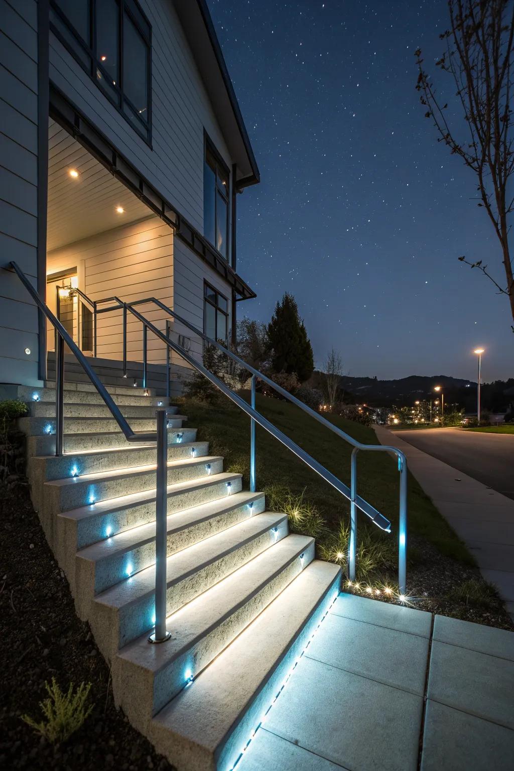 LED handrails provide safety and a striking visual at night.
