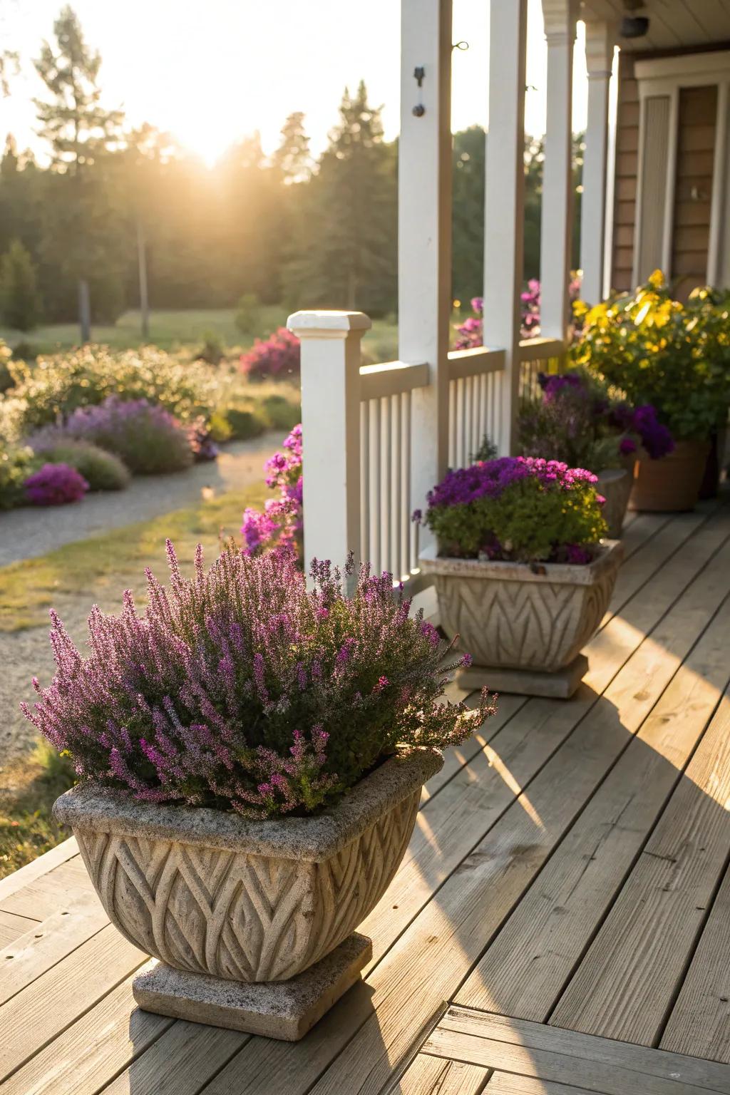 Vibrant heather planters for patios and porches.