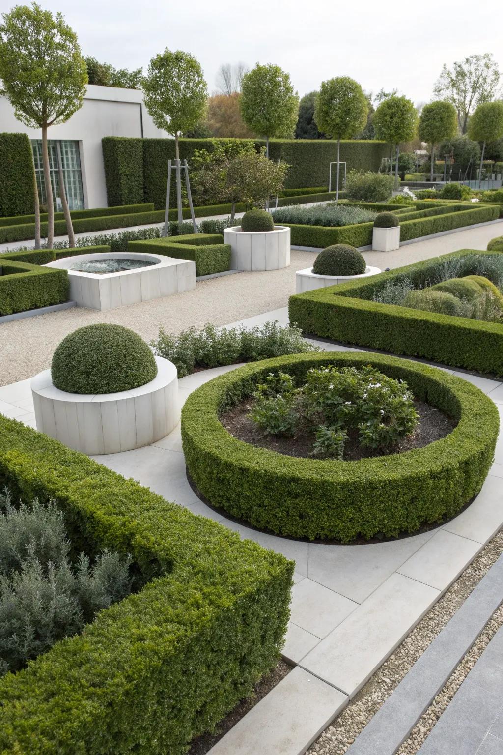 Circular hedge designs offer a modern take on traditional styles.