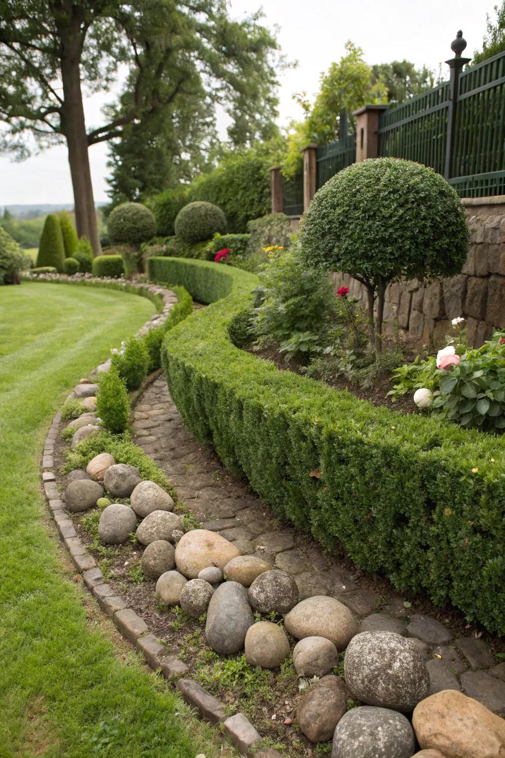 Hedges paired with decorative stones for contrast.