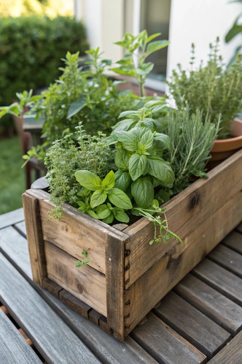 Rustic charm with a wooden herb planter box.
