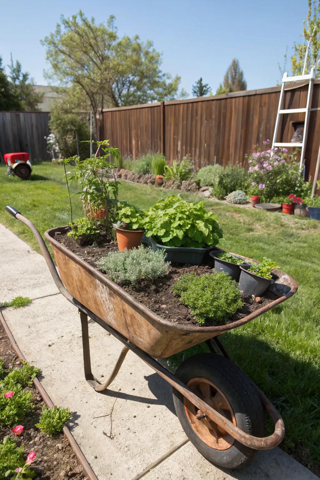 A rustic wheelbarrow transformed into a charming mobile herb garden.