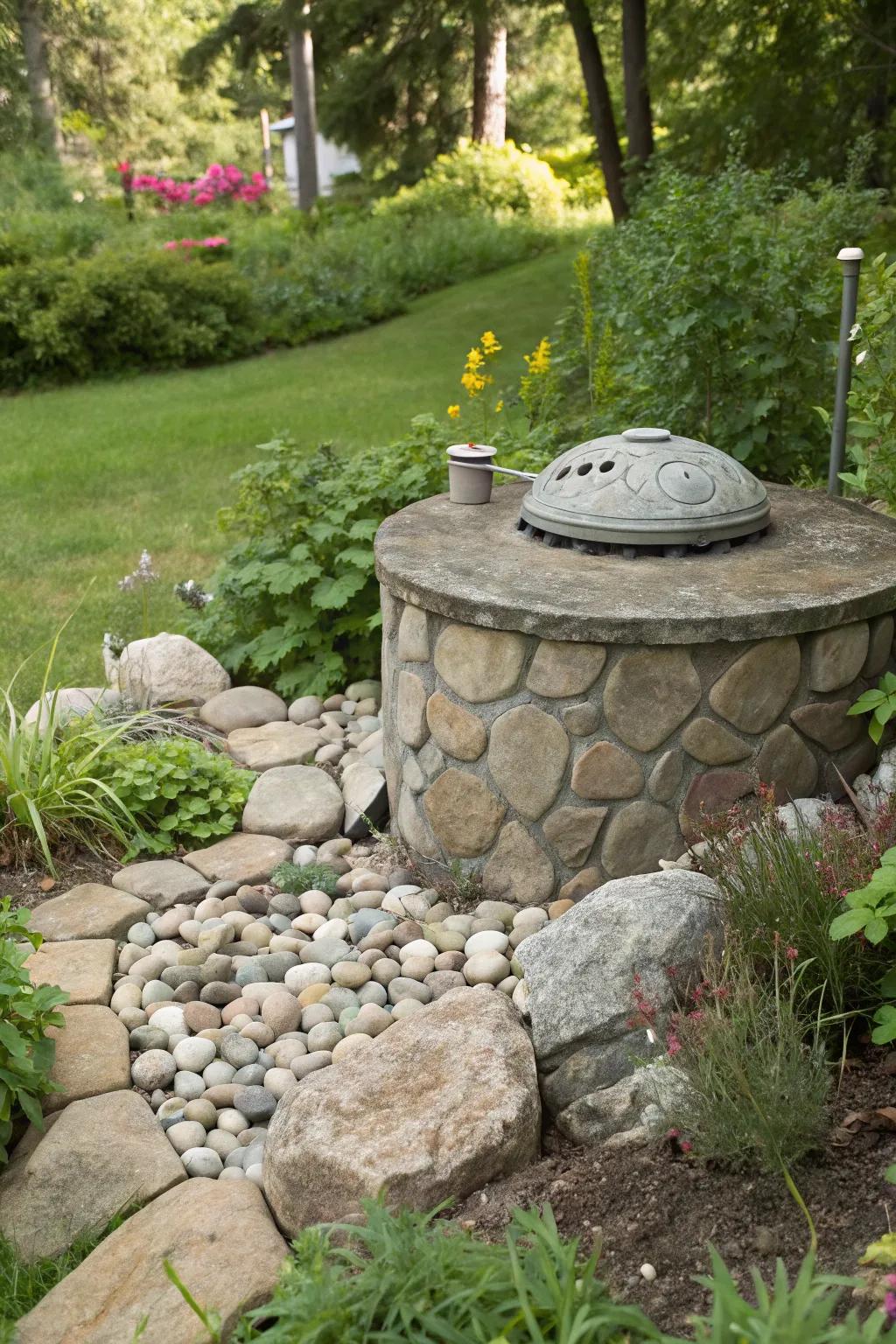 Faux stone covers offer a seamless and natural way to camouflage septic tank lids.