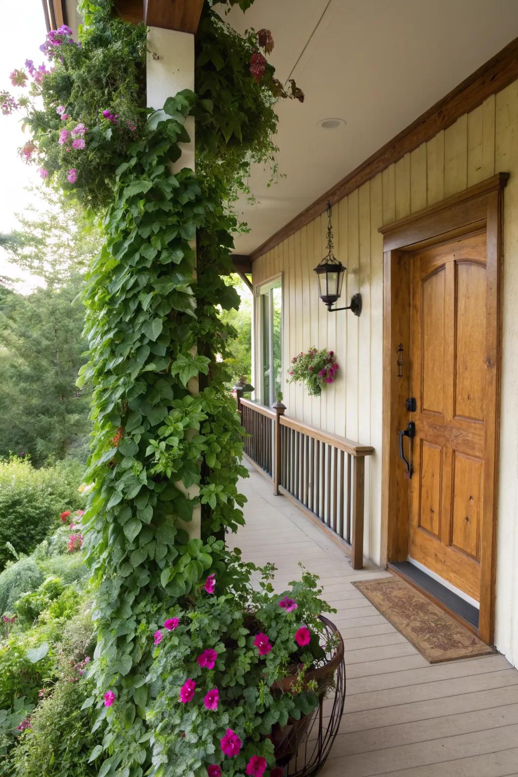 A high porch with a stunning vertical garden, adding greenery and interest.