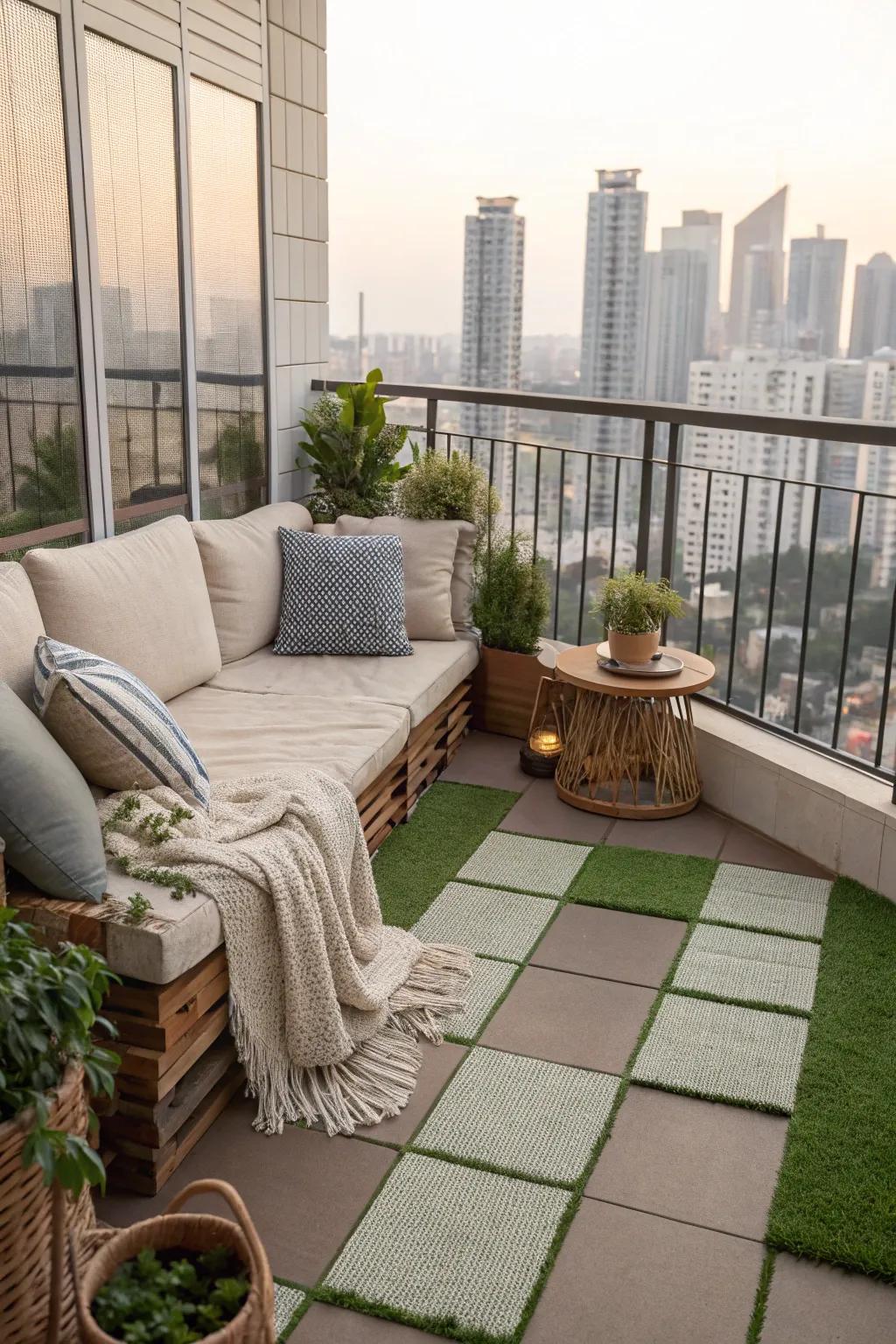 Versatile flooring adds texture and comfort to this inviting balcony.