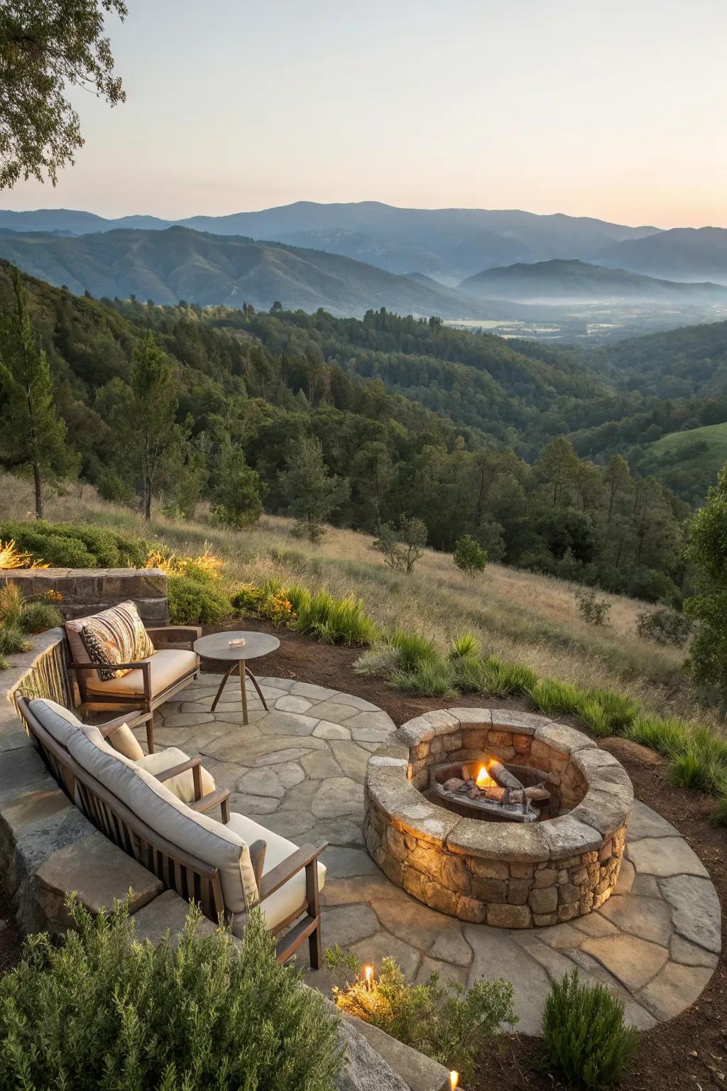 A hillside fire pit is perfect for gatherings.