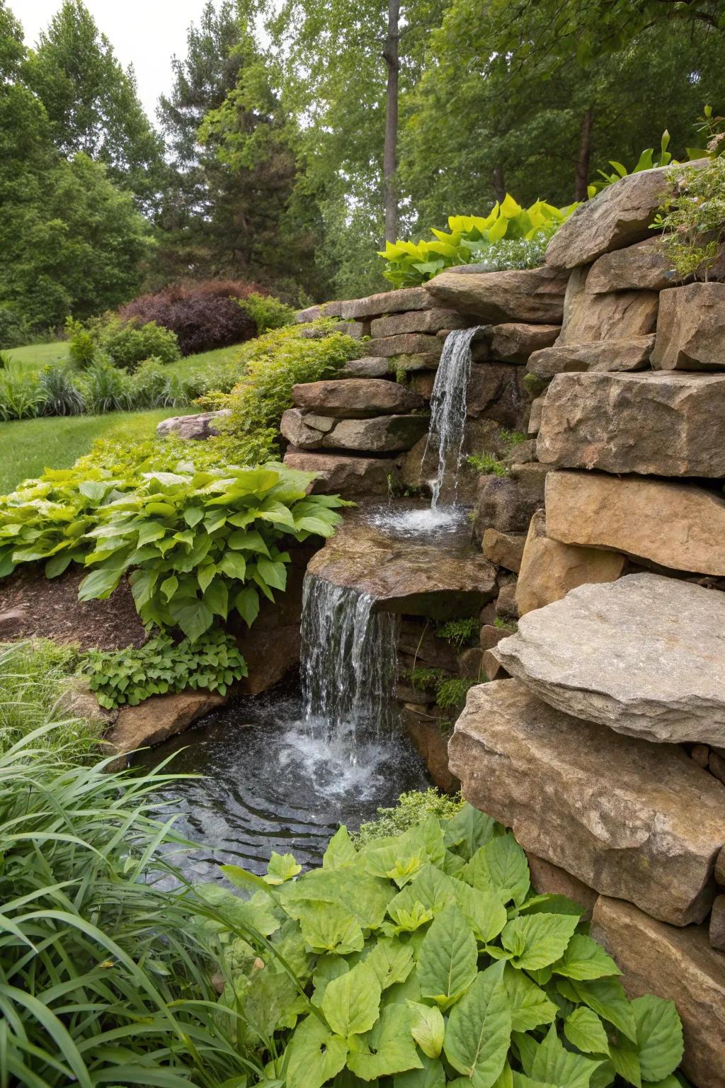 A serene waterfall adds a touch of tranquility to this boulder wall.