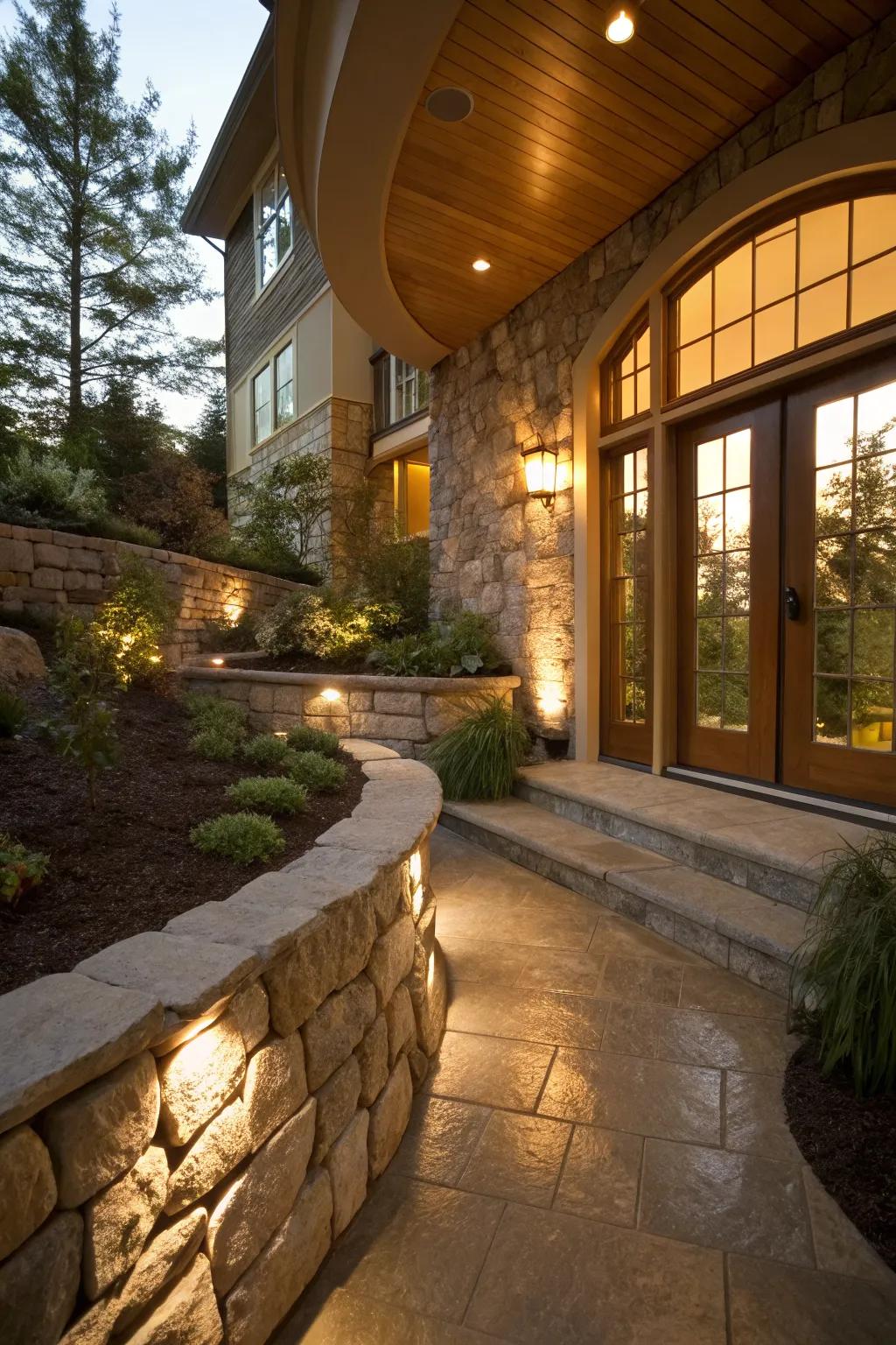 A retaining wall at the entryway adds elegance and curb appeal.