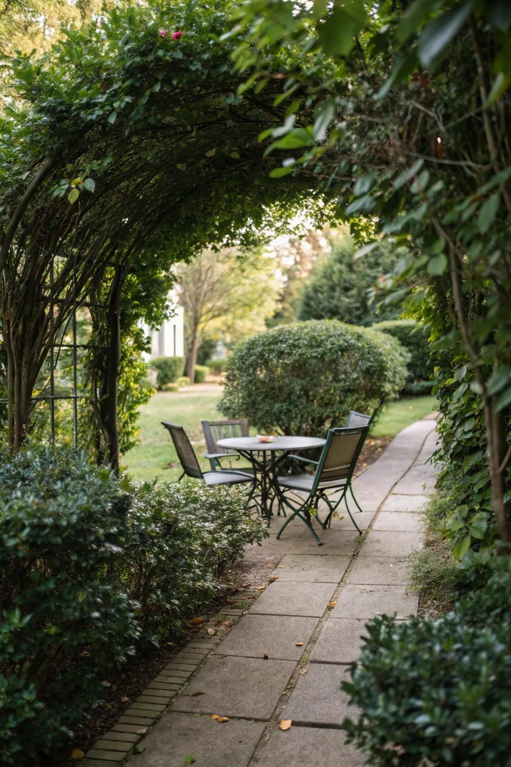 Holly bushes framing a cozy outdoor seating area.