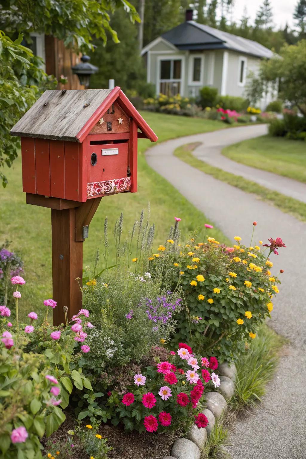 A quaint mailbox garden adding charm and character to the front yard.