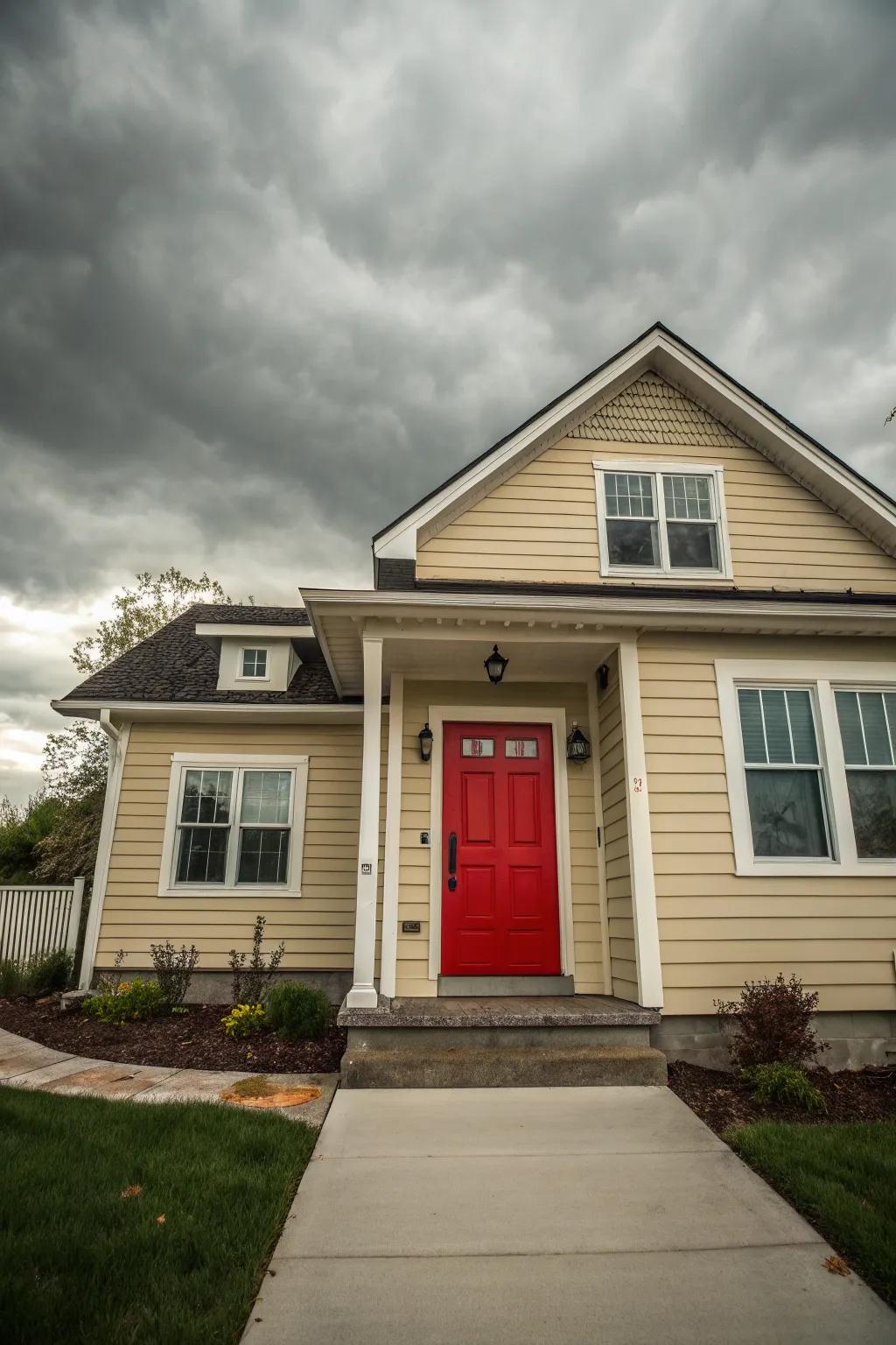 Red accents add a dynamic pop to home exteriors.