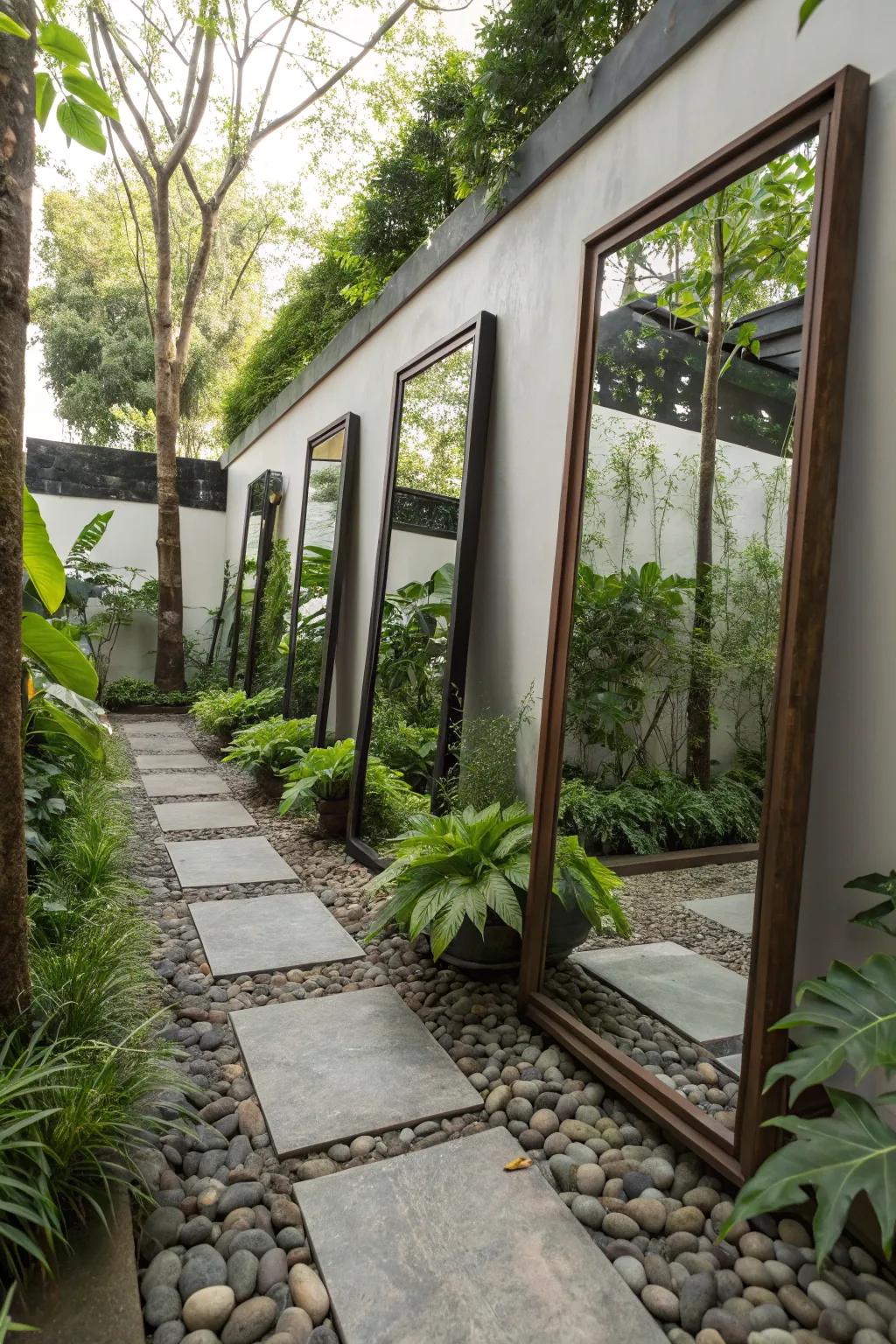Mirrors create the illusion of a larger garden.