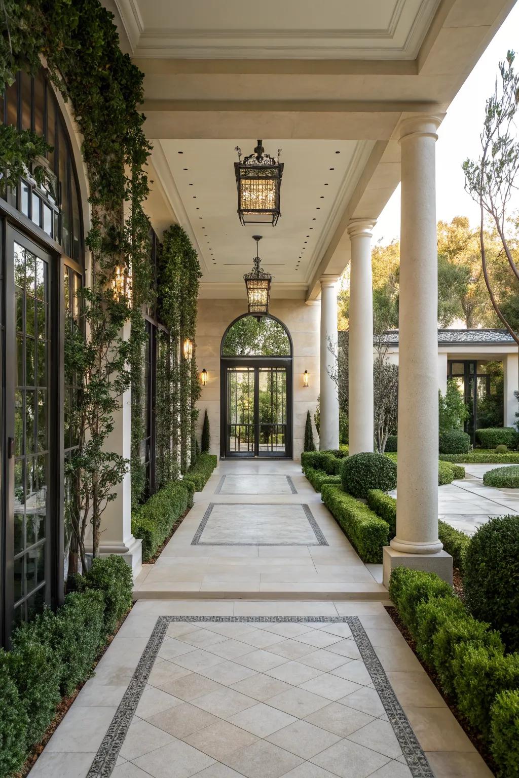 Symmetry in walkway design enhances architectural beauty.