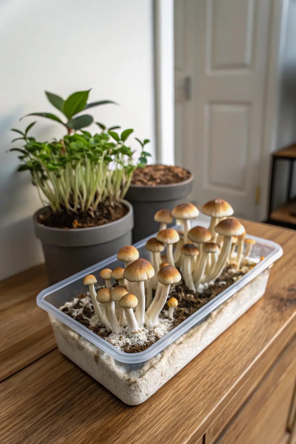 A fungi delight: Fresh mushrooms flourishing indoors.