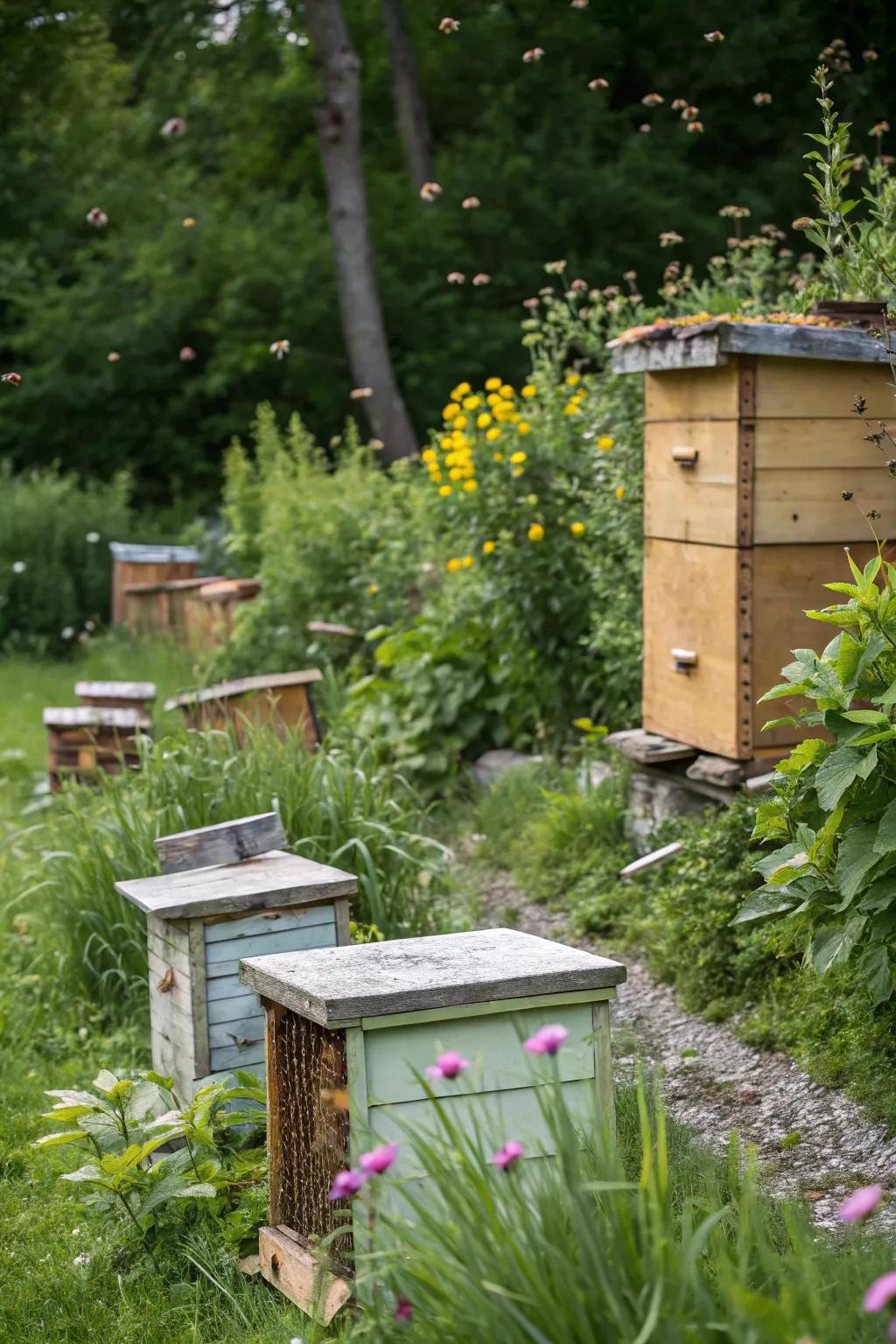 Bustling beehives promising sweet rewards.