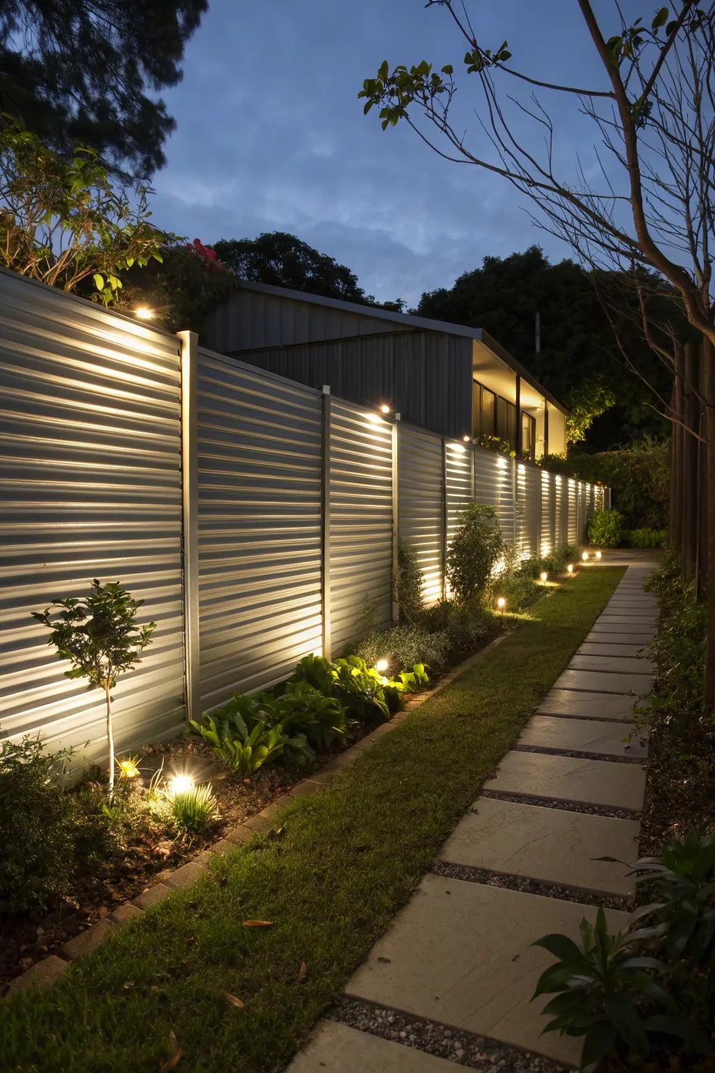 Integrated LED lighting enhances the nighttime ambiance of a horizontal corrugated metal fence.