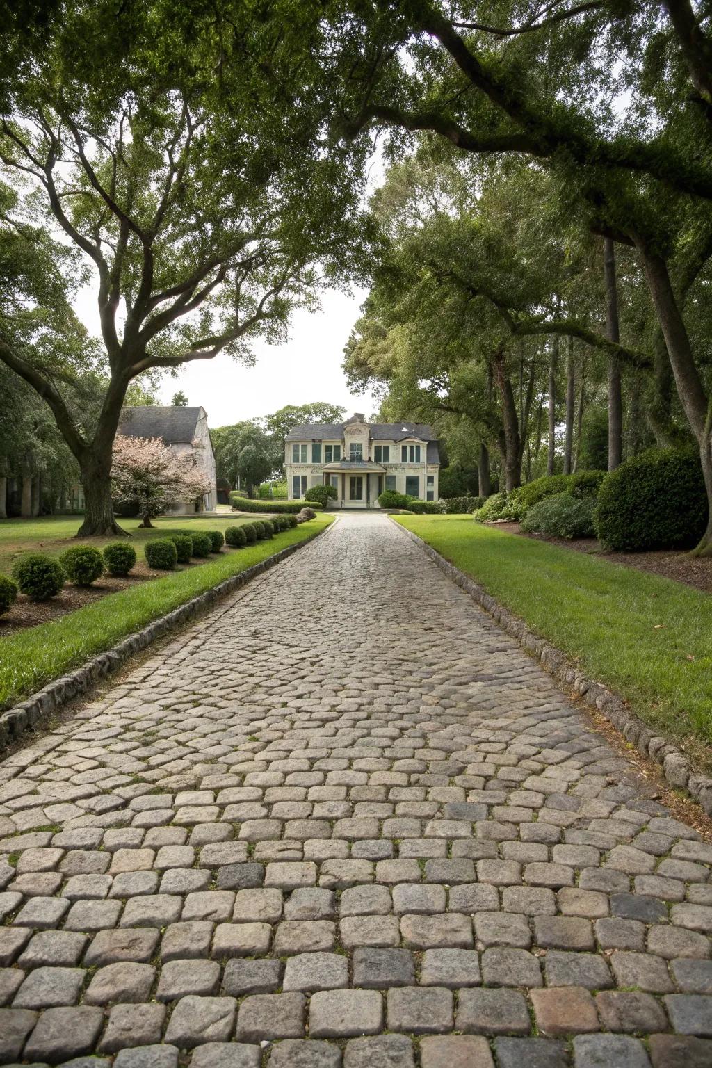 Charming cobblestone horseshoe driveway.