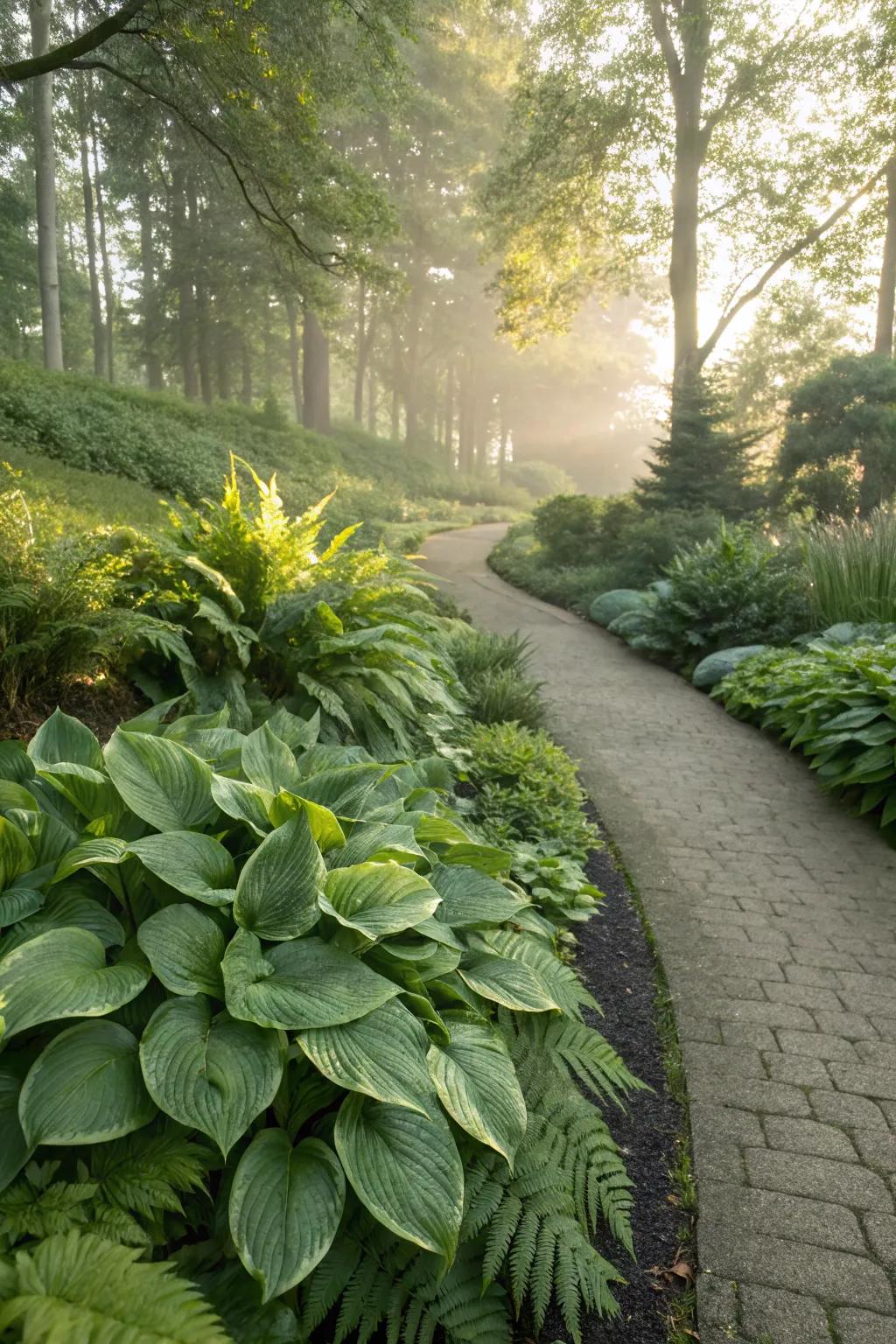 Lush border plantings of hostas and ferns.
