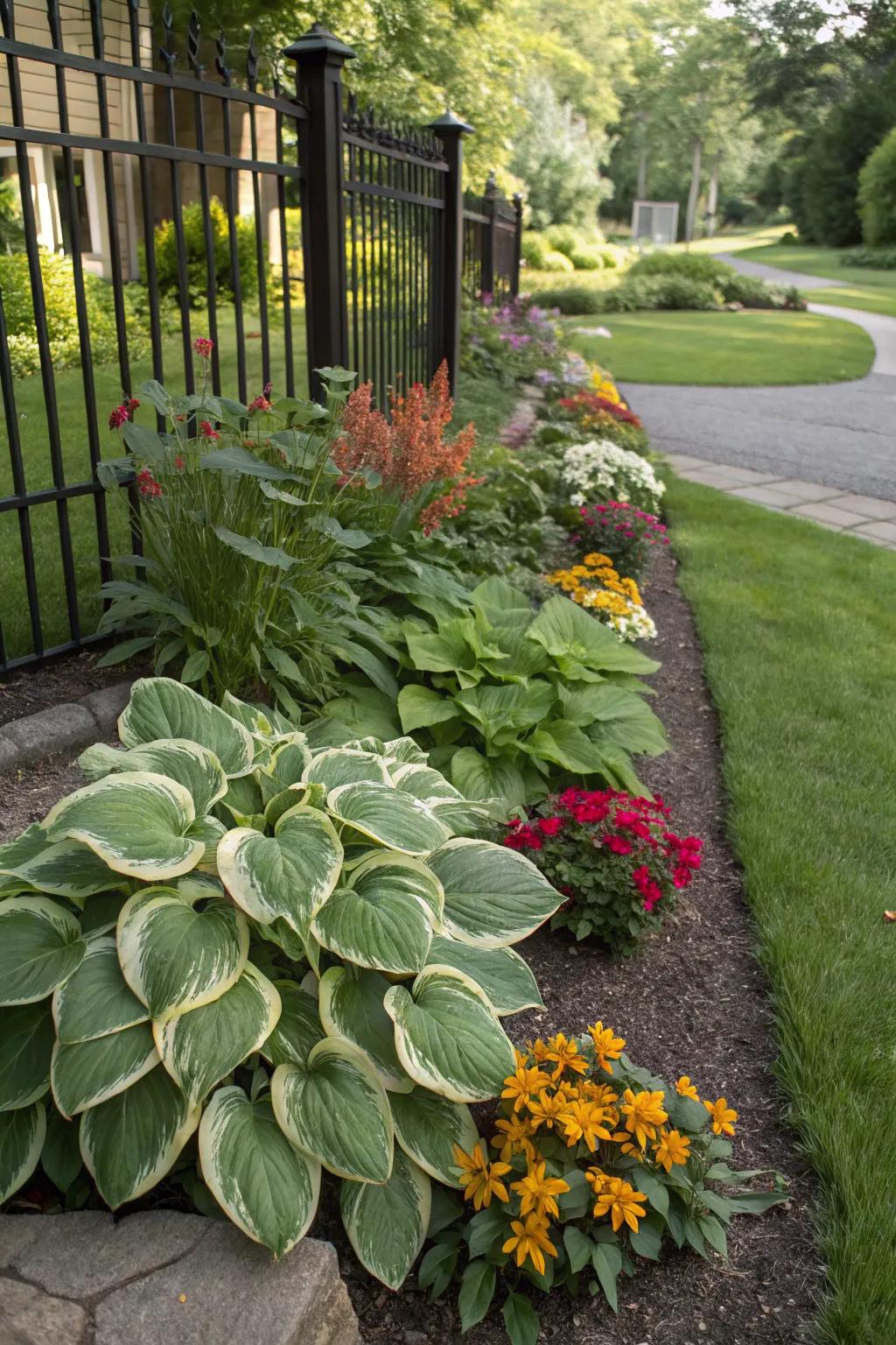 Colorful accents highlight the beauty of hosta borders.