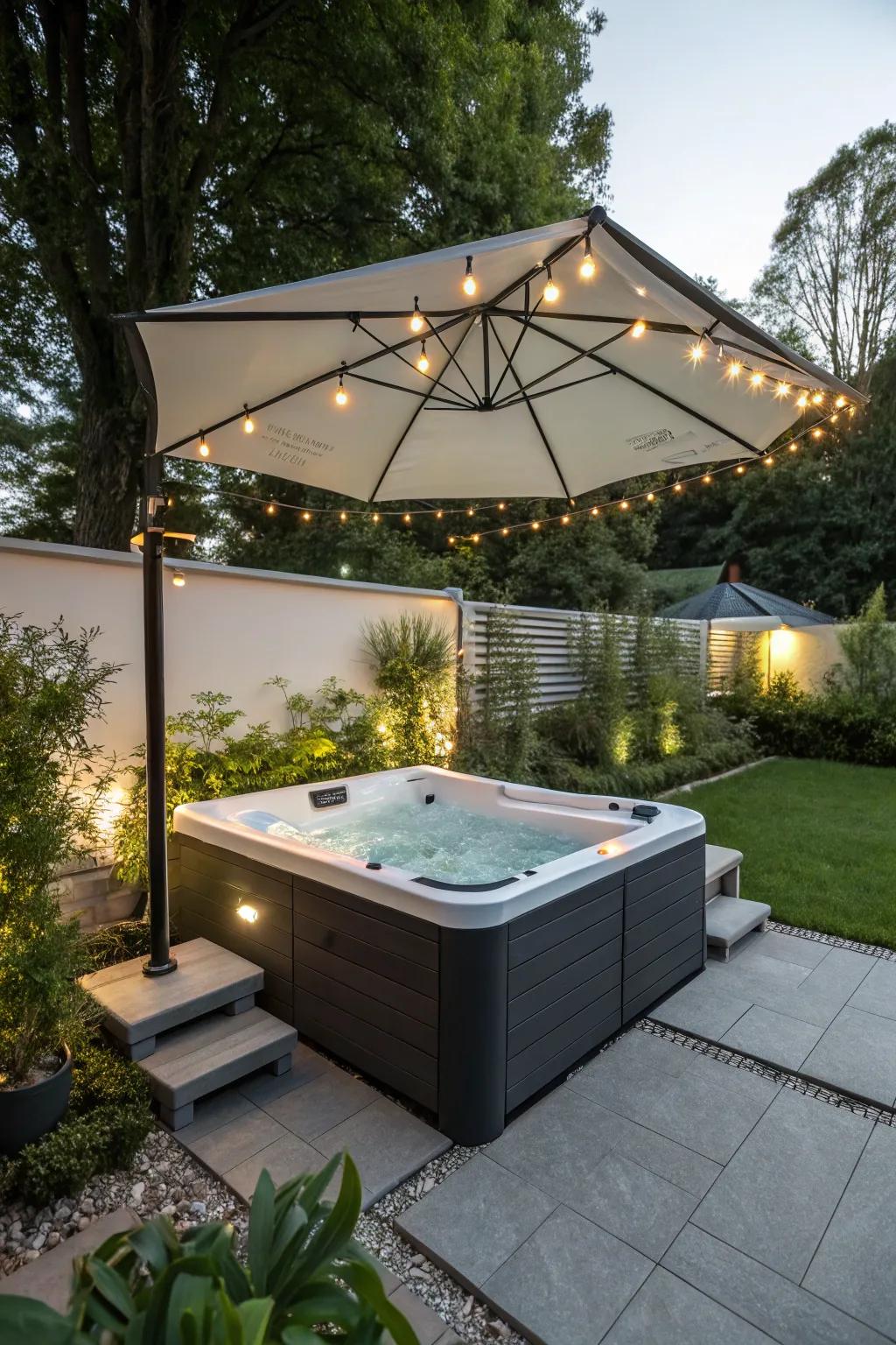 Light up your evenings with a solar umbrella over your hot tub.