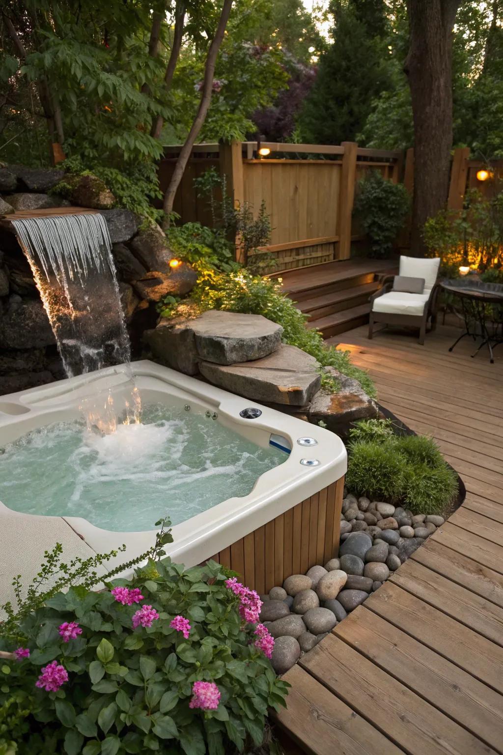 A water feature adds serenity to your hot tub retreat.
