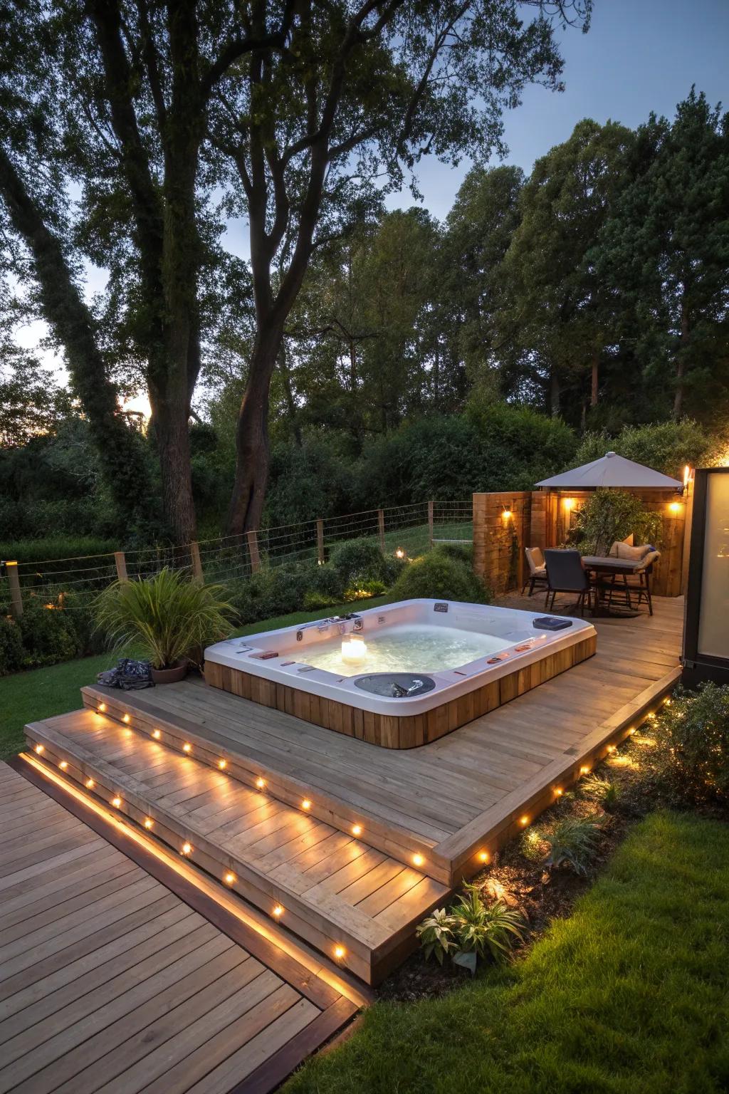 A floating deck integrates this hot tub beautifully into the garden landscape.