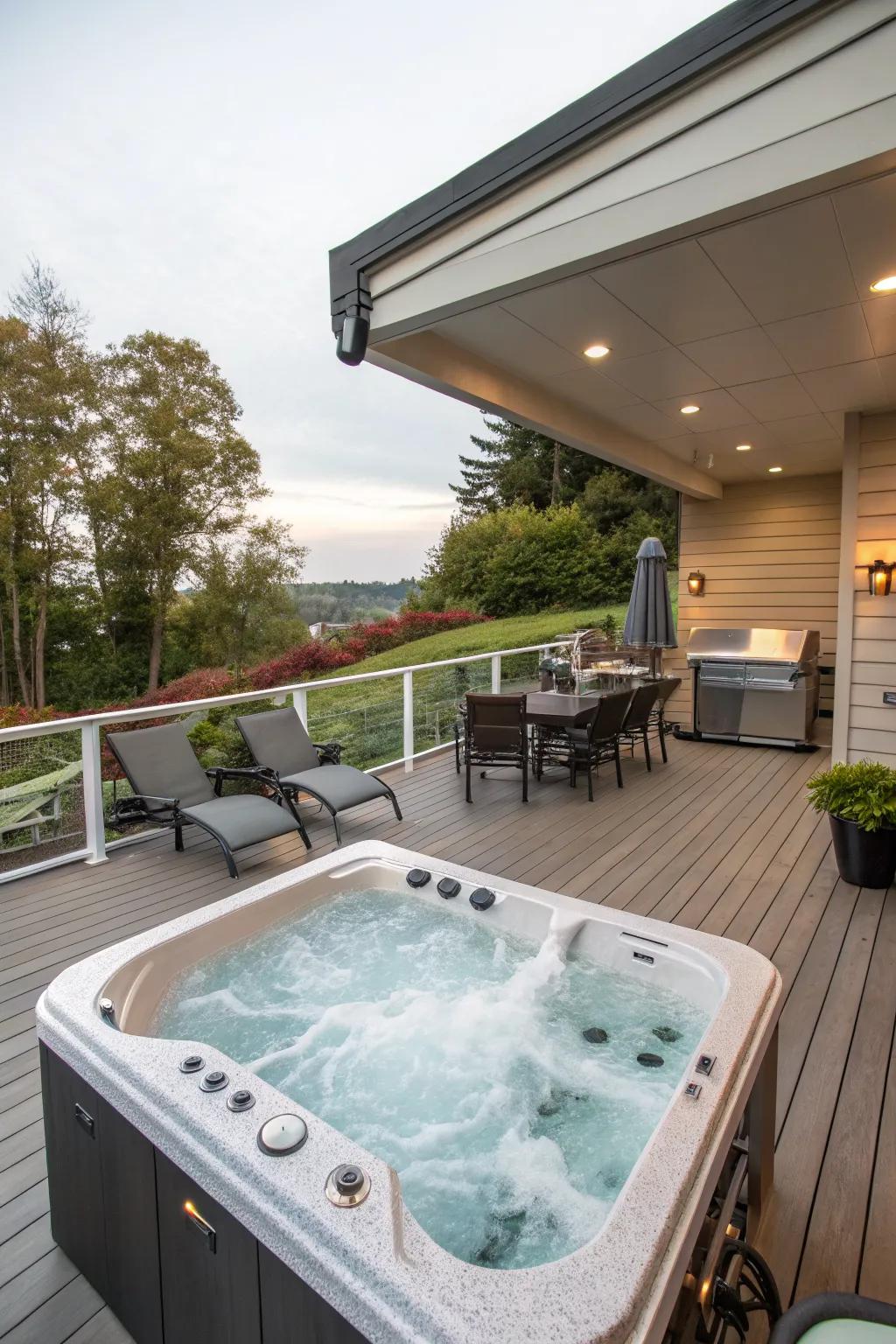 Modern amenities elevate your hot tub deck to a social hotspot.