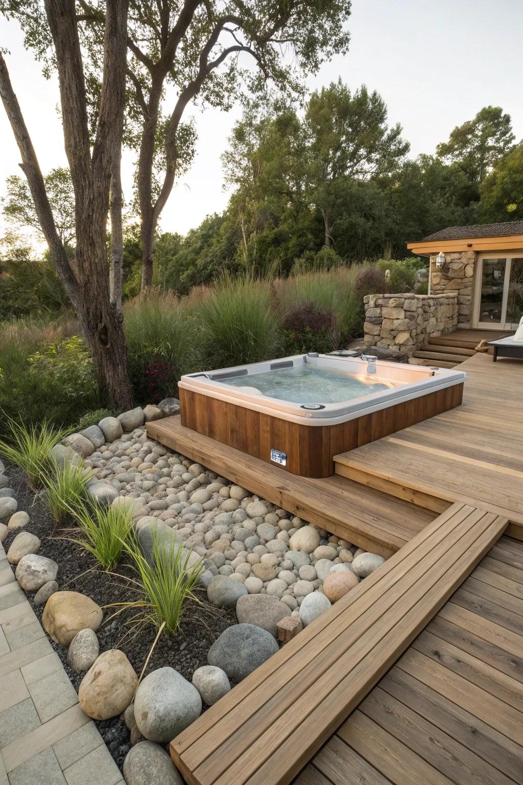 Natural materials create a harmonious outdoor retreat.
