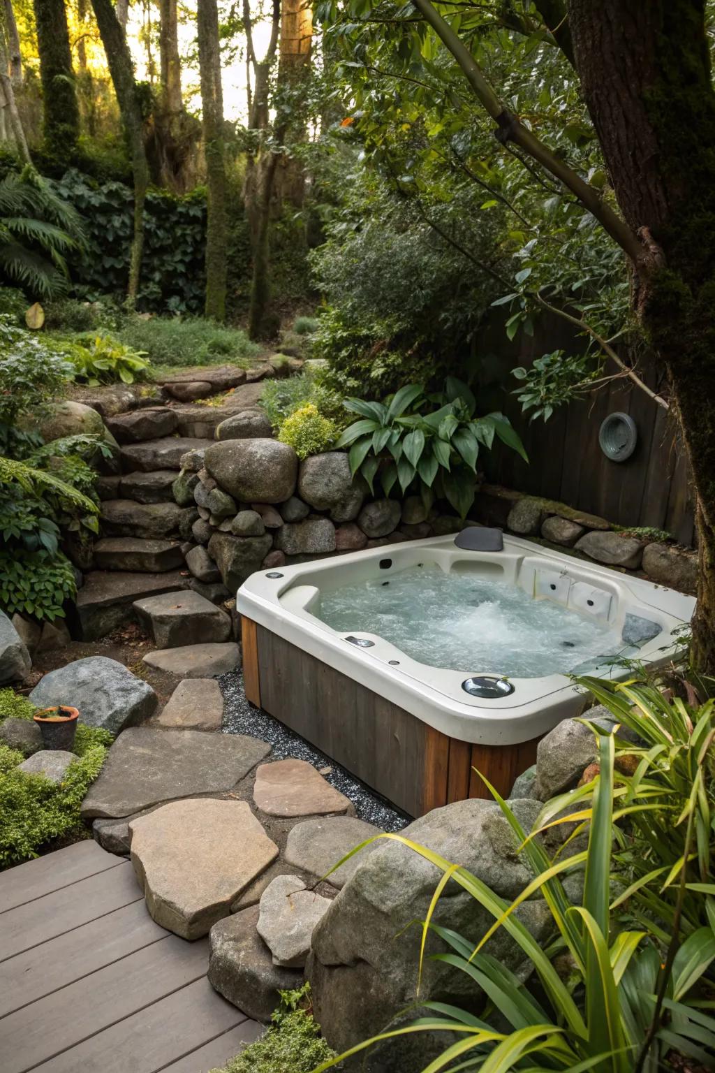 Rocks and plants create a tranquil, zen-like hot tub environment.