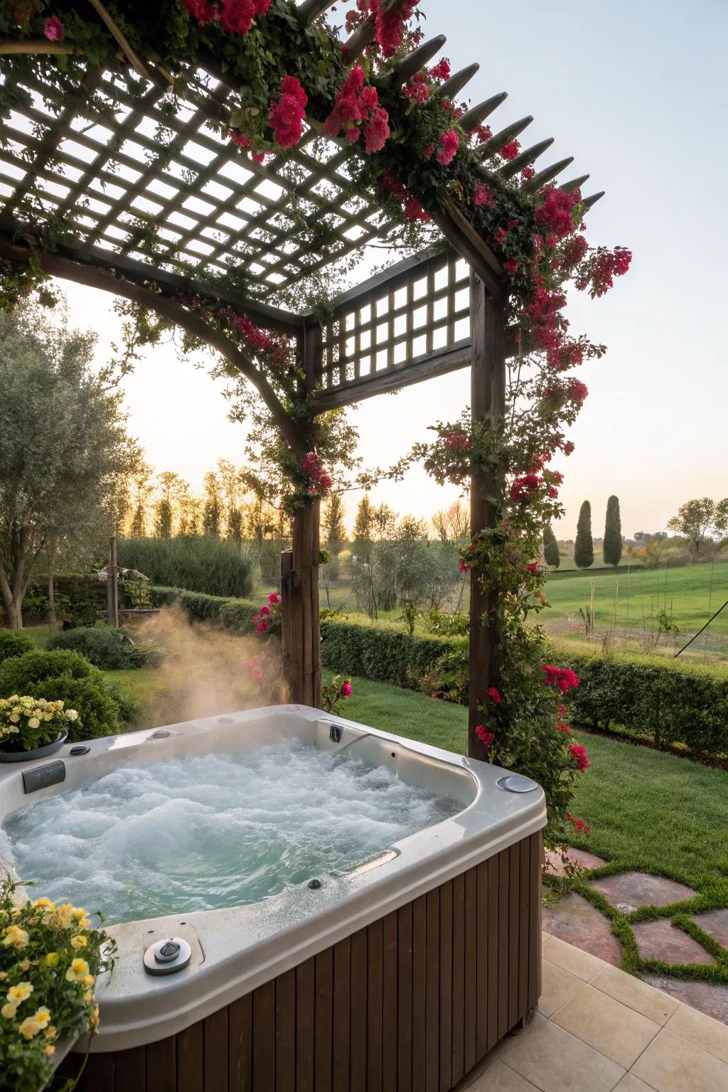 A trellis with climbing plants provides natural privacy and beauty.