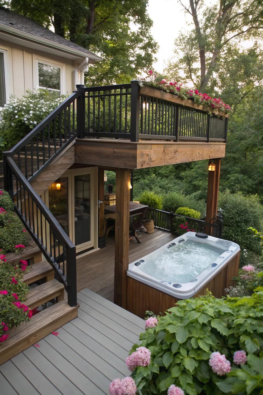 A hidden hot tub adds a surprising element to this deck design.